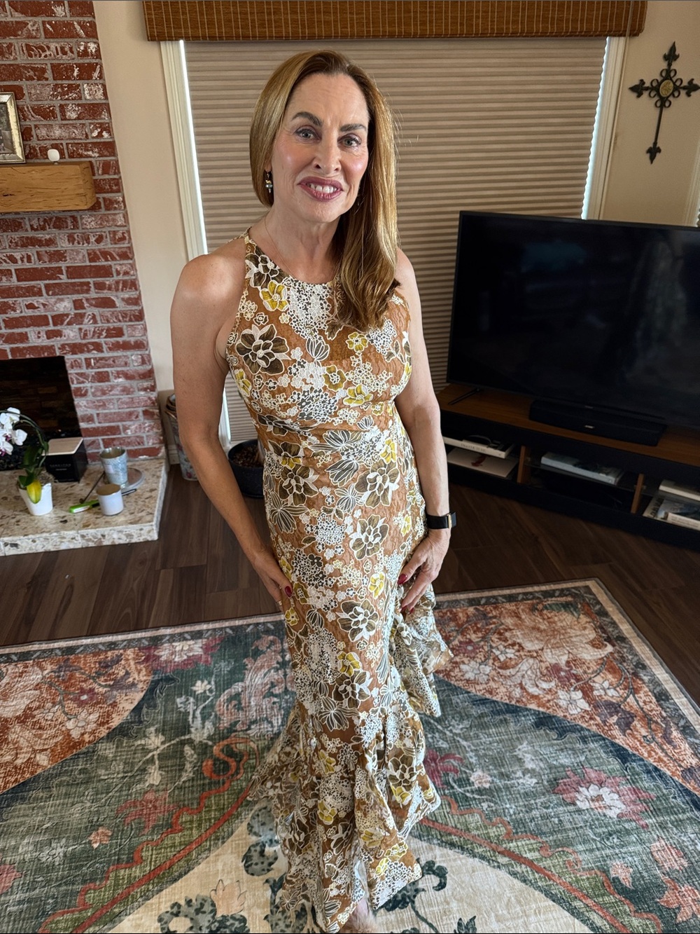 Floral Halter Maxi Dress in Brown and Cream - Picture 2 of 9